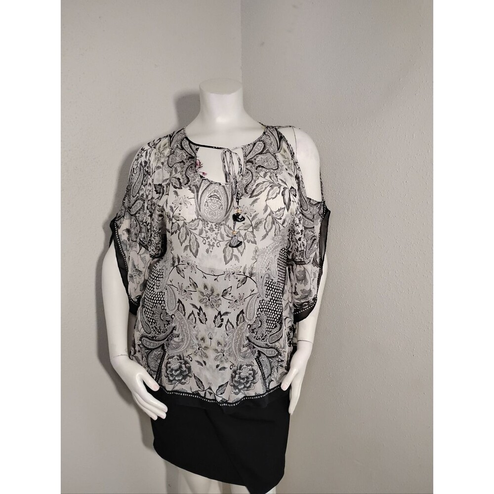 Hale Bob Black & White Paisley Cold-Shoulder Blouse